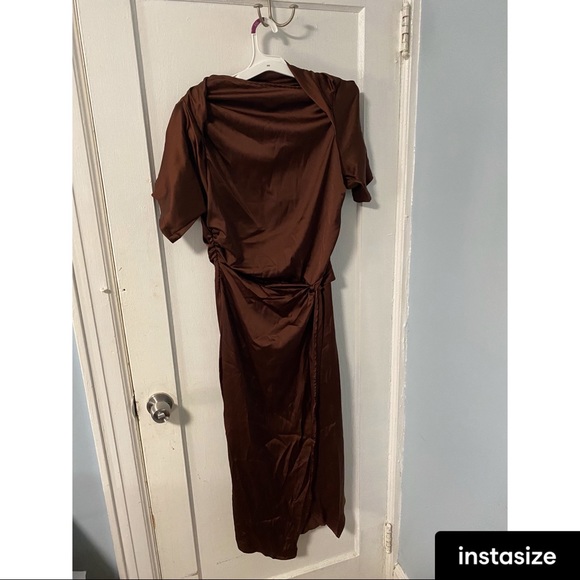 Chocolate Satin Short Sleeve Ruched 